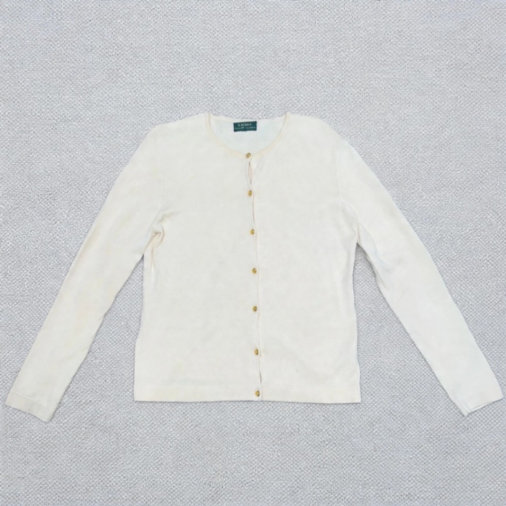 Lauren Ralph Lauren Cardigan Sweater Cream Gold Buttons Womens S/M